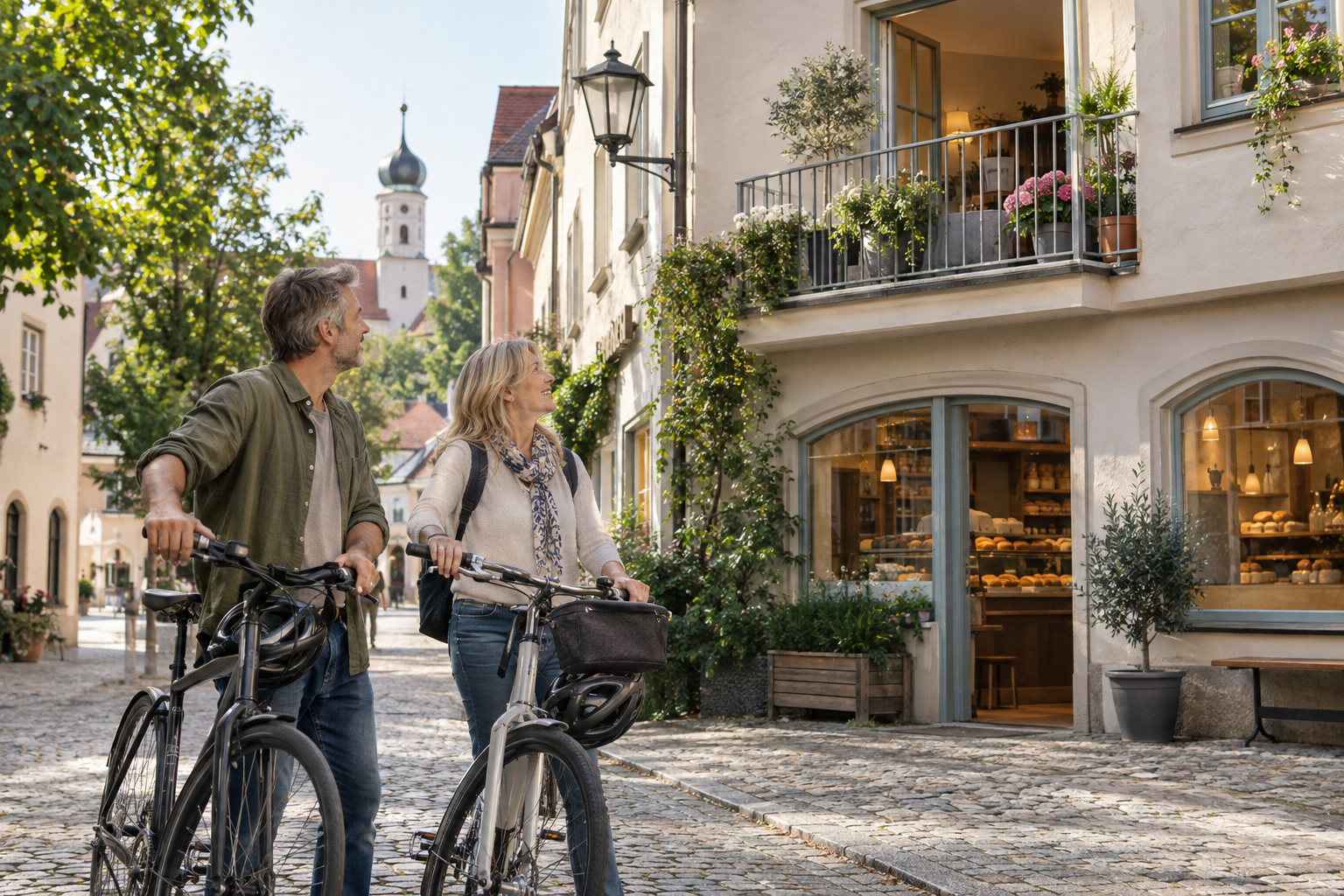 Ein Paar mit Fahrrädern betrachtet eine Wohnung über einer Bäckerei im bayerischen Ortskern