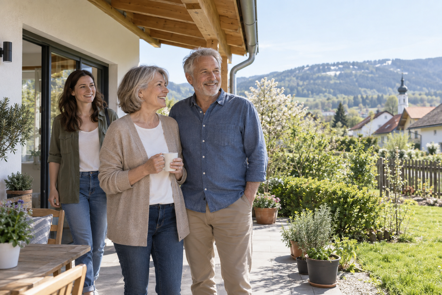 Eine Familie steht auf einer hellen Terrasse mit Blick in einen bayerischen Garten